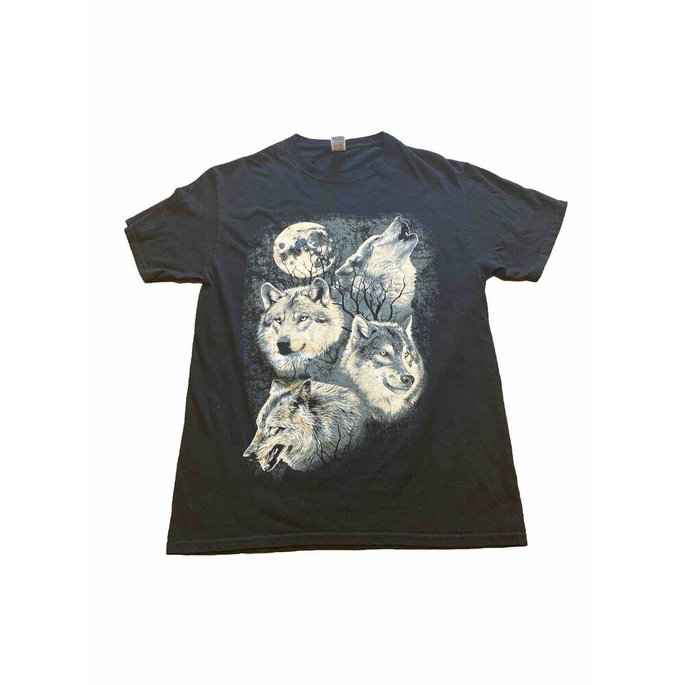 Vintage Wolf Pack Graphic T Shirt Wolves Blue Moon Y2K Size Medium
